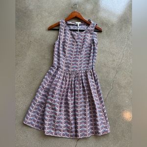 Joie Mini dress. Size xs, pleated bottom. Pattern in orange, blue, purple.